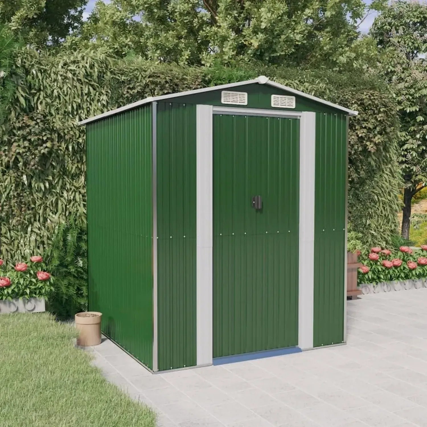 Metall Geräteschuppen Grün 192x191x223 cm für Rasenmäher und Fahrräder